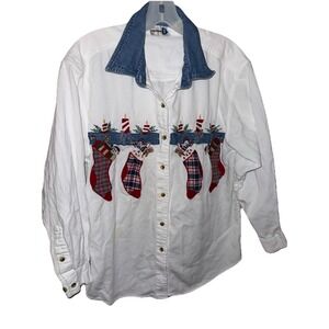 Paul Harris Design Women's Christmas Stocking Embroidered Long Sleeve Shirt Sz L